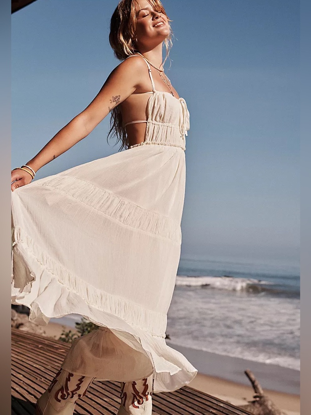 Free People Ivory Boho Festival Summer Backless Taking Sides Maxi Dress Large